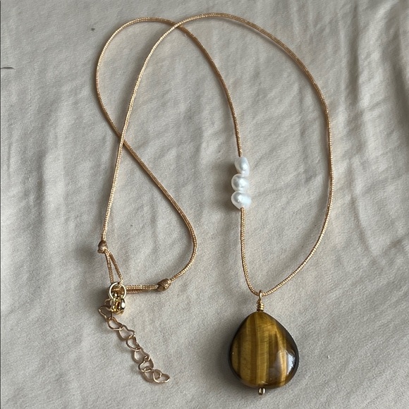 Handmade Jewelry - Tiger’s eye Stone Pendant Necklace. Golden